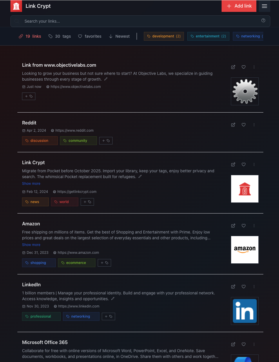 Link Crypt interface showing saved links with tags, search functionality, and clean dark UI