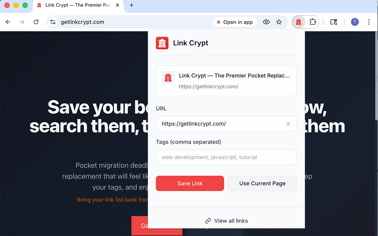 Link Crypt Chrome Extension showing the save popup with URL, tags input, and save button